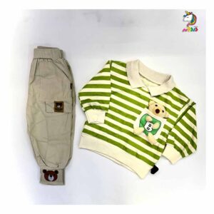 بلوز شلوار کودک طرح پاندا راه راه سبز