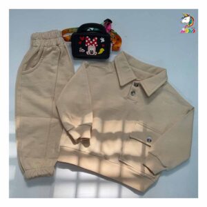 بلوز شلوار یقه دار تک جیب کرم بچگانه