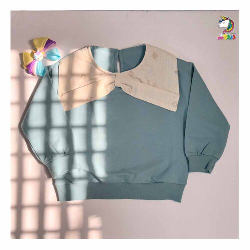 بلوز-تک-یقه-پاپیون-فیروزه-ای2 بلوز تک یقه پاپیون فیروزه ای بچگانه - Image 1