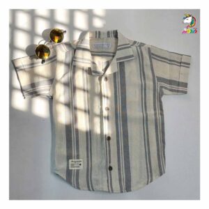 پیراهن کنفی یقه انگلیسی راه راه طوسی بچگانه